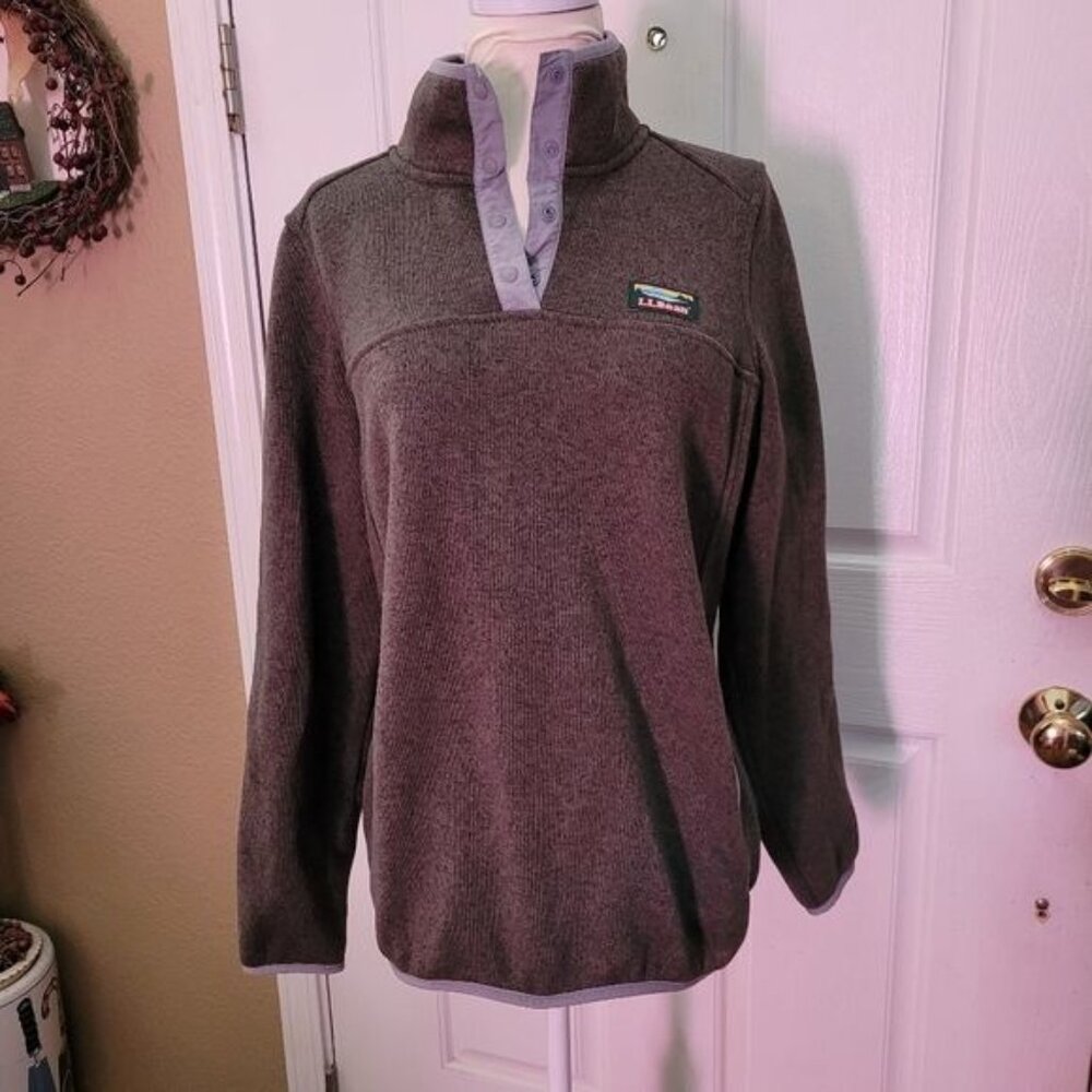 LL bean Women's Snap Sweater Green Gray Grey Medium Pullover Fall Winter Hiking - Picture 5 of 8